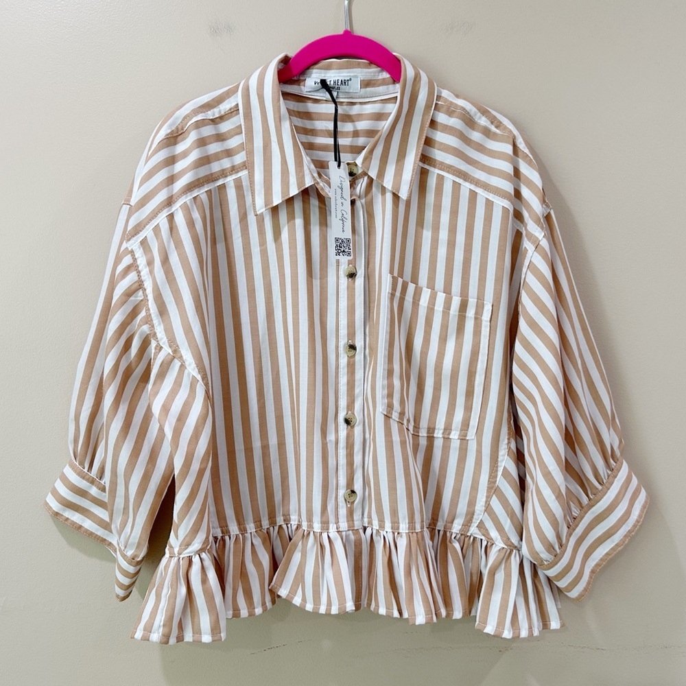 Velvet Heart Striped Brown White Shirt Peplum Ruffle Hem Blouse Top Womens L